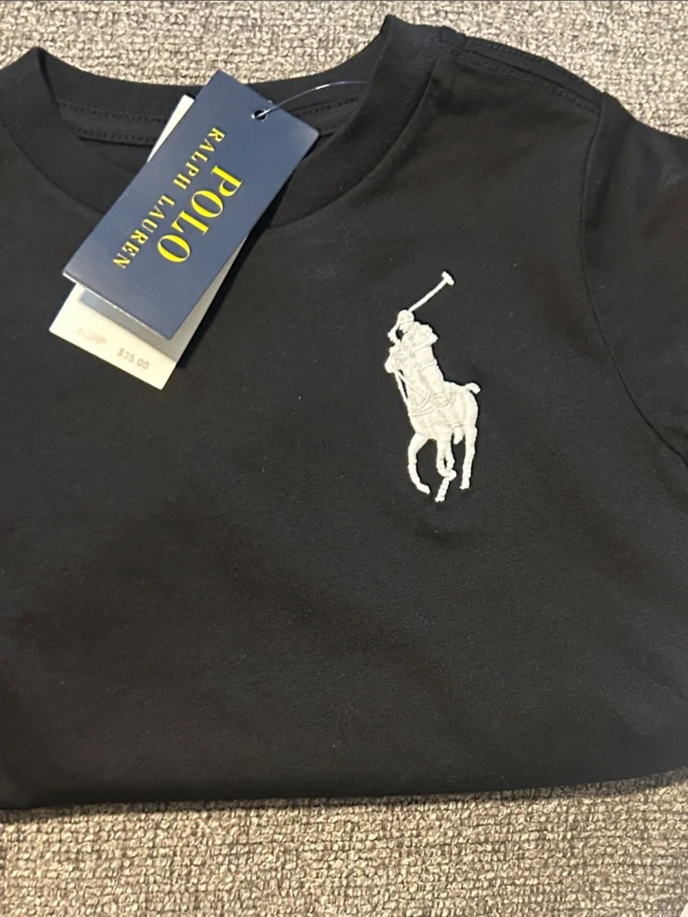 Ralph Lauren Black Tee with White Pony and Sleeve Number 50% OFF SEND OFFER